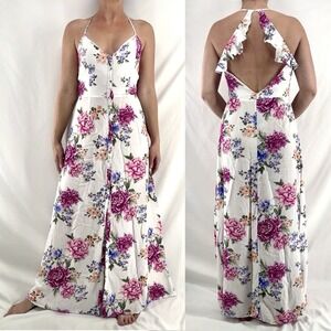 Boho Floral Maxi Dress M Cottage Open Back Button Front Romantic Wedding Bridal